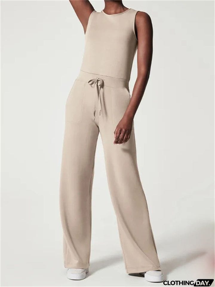 Ladies Summer Relaxed Crew Neck Sleeveless Straight Leg Jumpsuit