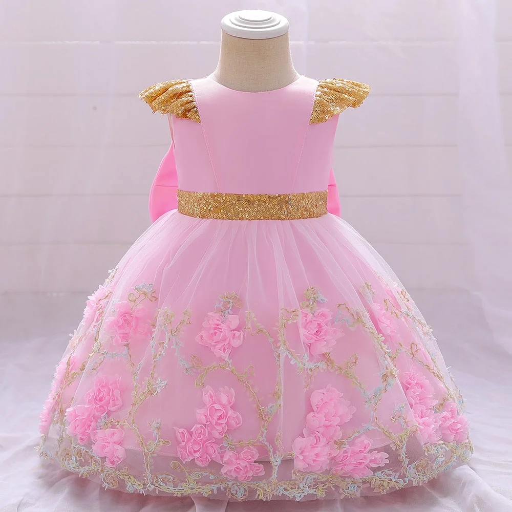 Flower 1 Year Birthday Dress For Baby Girls Newborn Baptism Pink Toddler Bow Dresses Elegant Christening Party Gown Kids Clothes