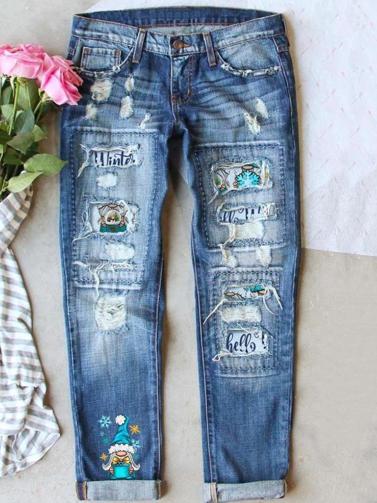Women's Christmas Gnome Snowflake Hello Winter Letter Print Loose Straight Jeans