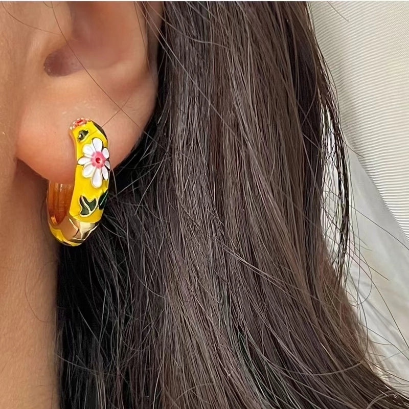 1 Pair Elegant Flower Enamel Copper Earrings