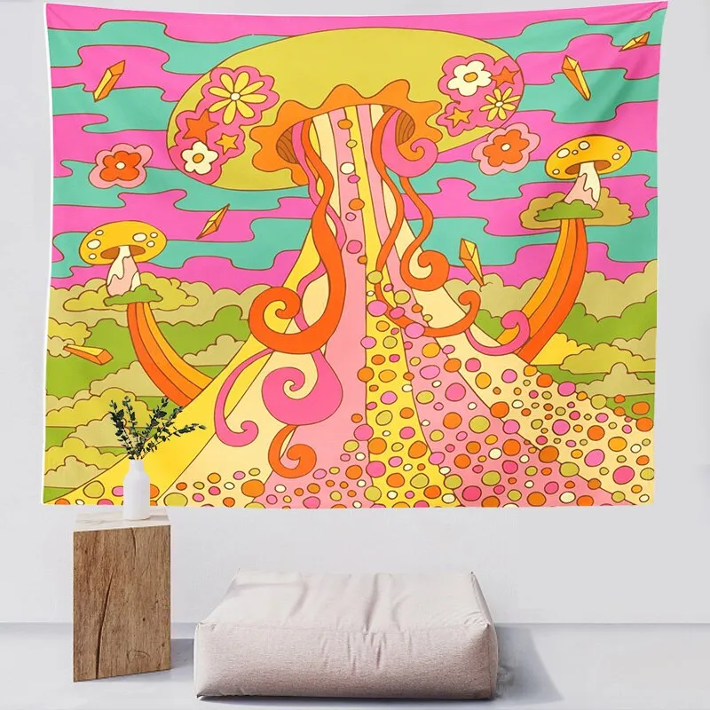 Psychedelic Colorful Mushroom Tapestry Hippie Wall Bedroom Bedside Background Wall Cloth House Renovation Cover Wall Cloth