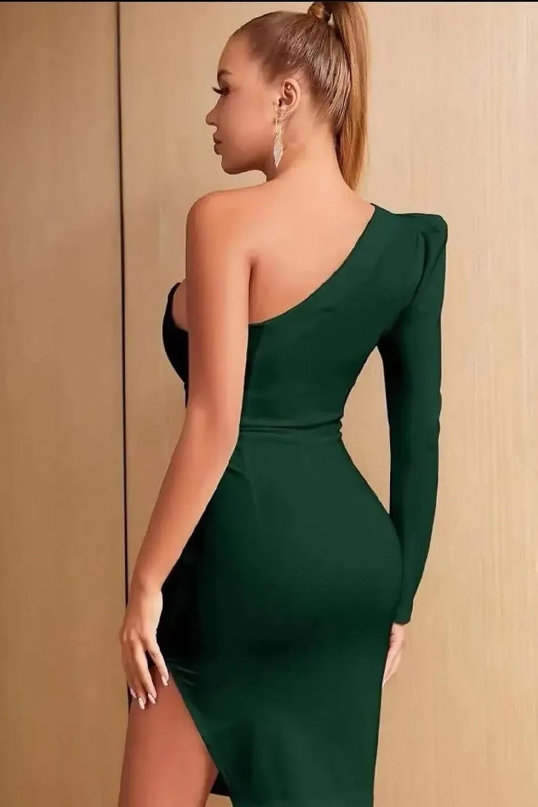 Trendy One Shoulder Green Prom Gown With Split SREAL155 main image 0