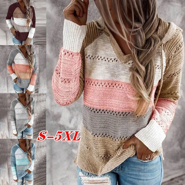 New Fashion Stitching V-neck Hooded Sweaters for Women Autumn Hollow-out Knitted Sweater Color Block Pullover Hoodies Coat
