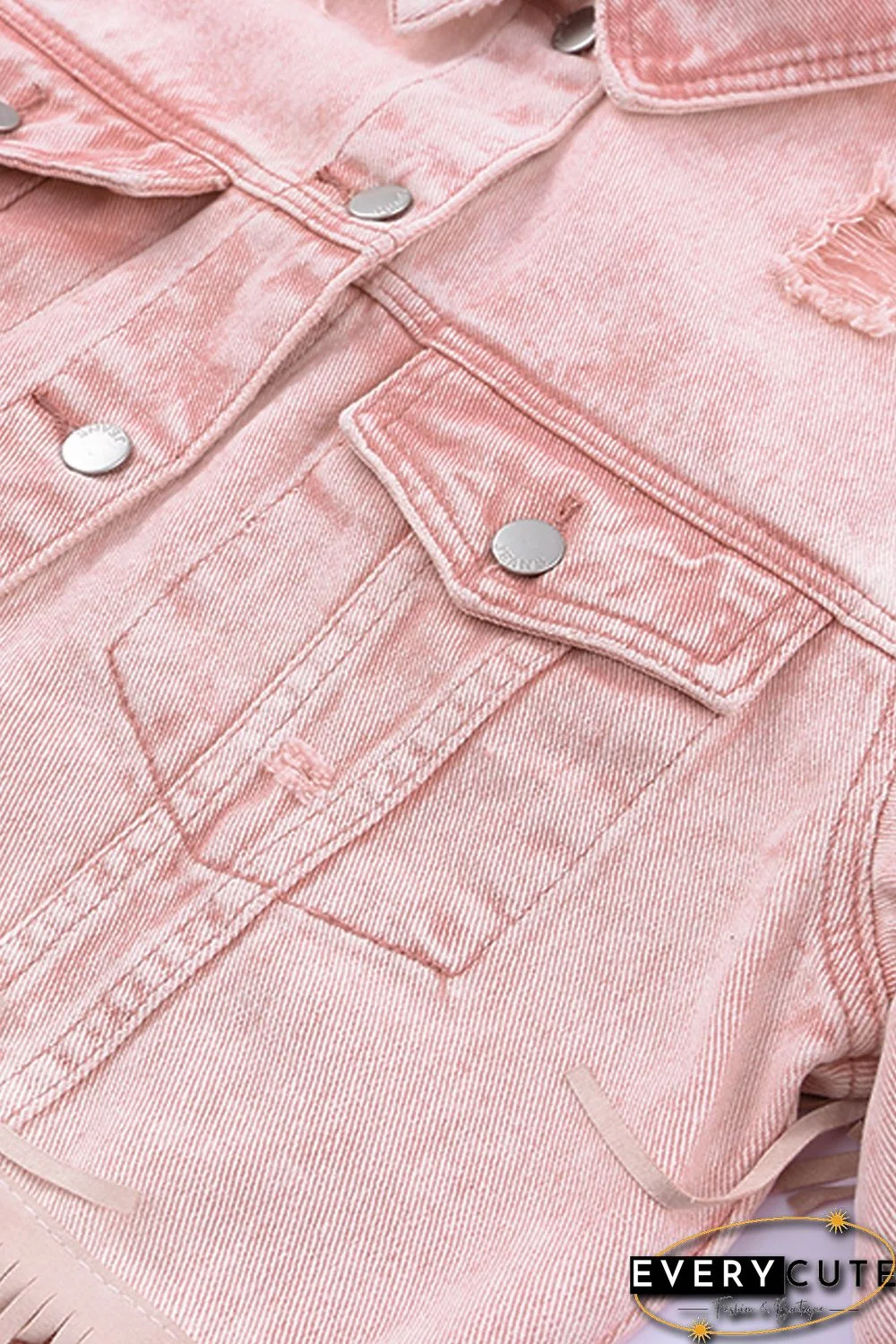 Pink Distressed Fringed Cropped Denim Jacket