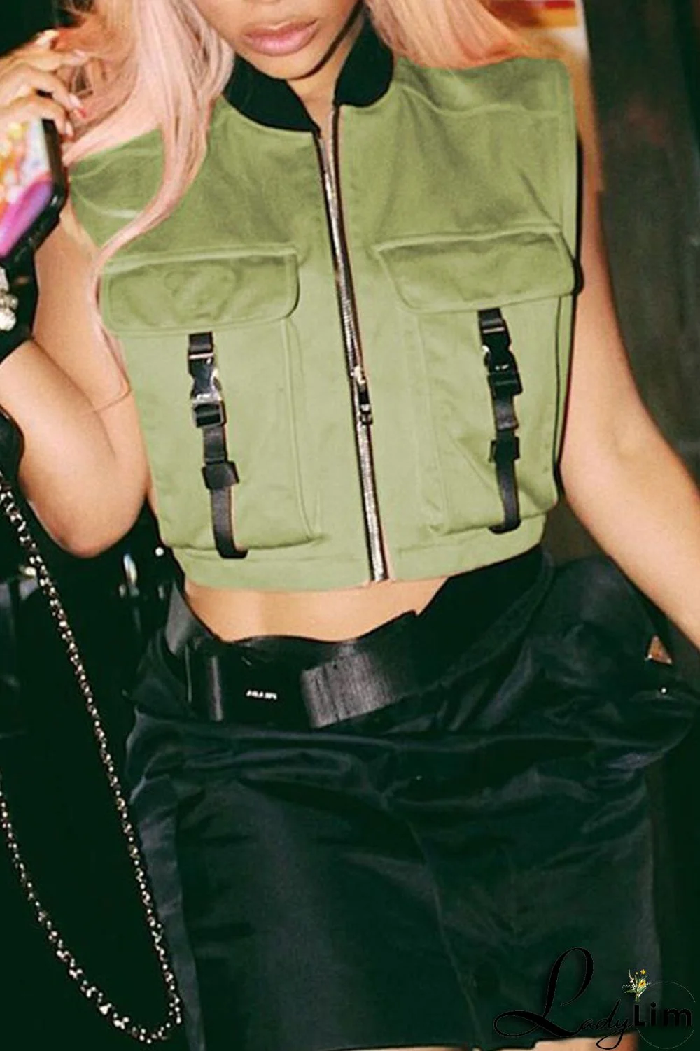 Purple Casual Street Solid Split Joint Pocket Zipper Tops