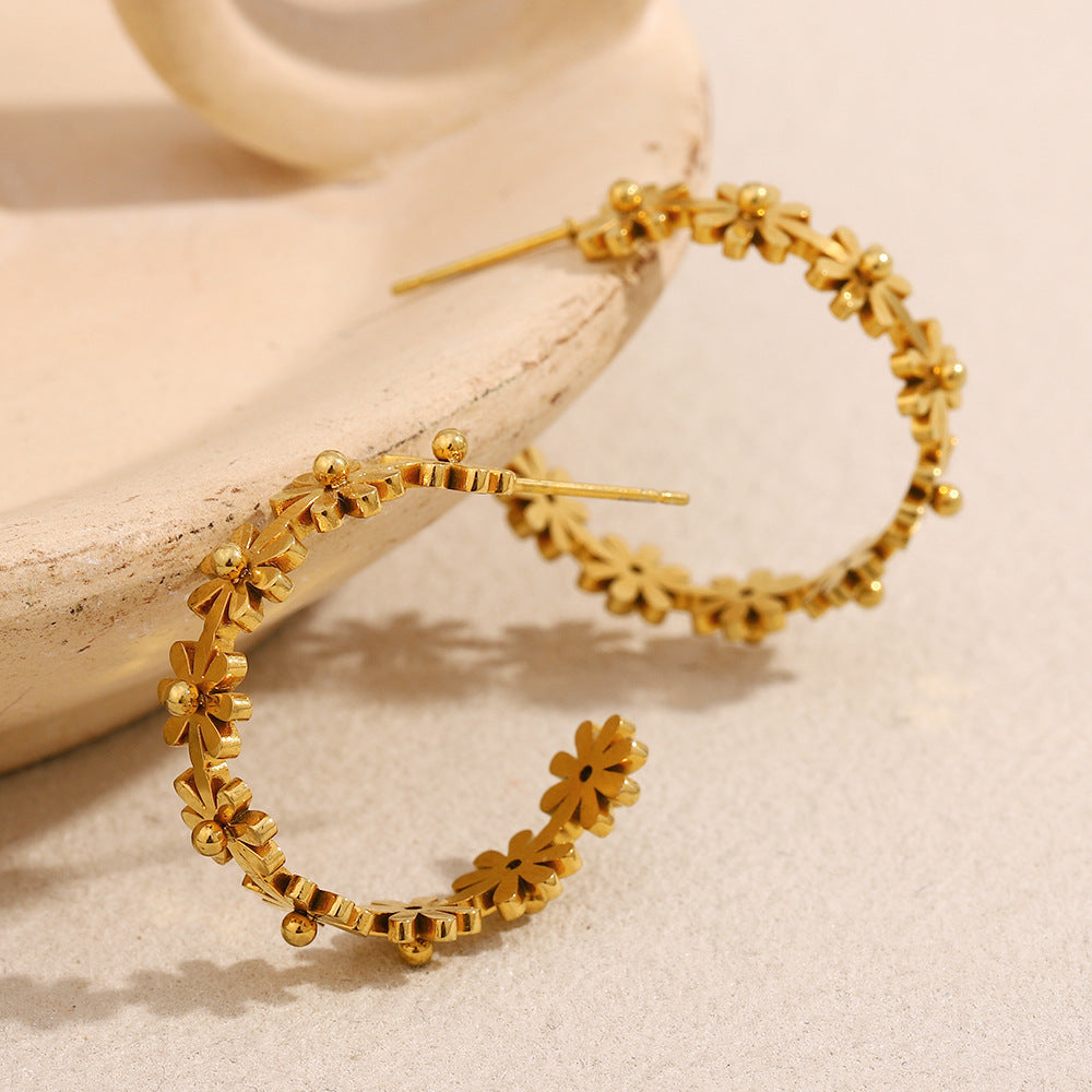 Ins Style Fashion Retro Earrings Stainless Steel 18K Gold Plated Flower C-Shaped Earrings For Women