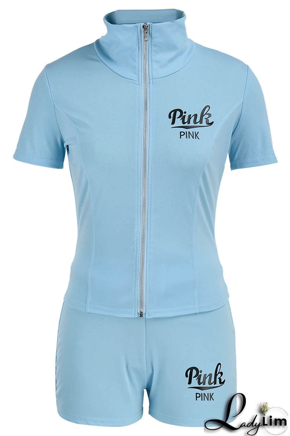 Pink Fashion Print Draw String Hooded Collar Short Sleeve Two Pieces