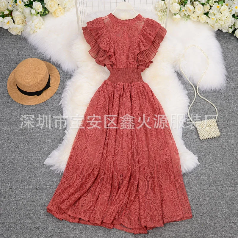 Zingj Zingj Retro Round Collar Lace Pressure Pleated Skirt Temperament Goddess Fan Xia New Style Waist Lotus Edge Show Thin Dress
