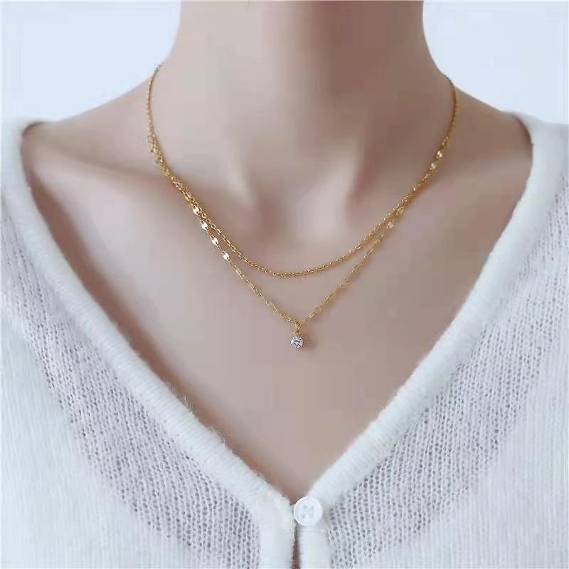 304 Stainless Steel IG Style Minimalist Plating Inlay Round Artificial Rhinestones Layered Necklaces