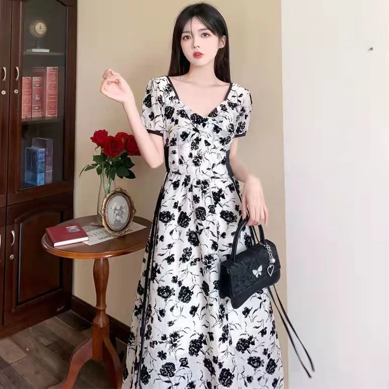 Jangj Style Floral Print Empire Pullover Summer Popularity A-line Skirt Fashion Elegant V-neck Short Sleeved Women's Clothing