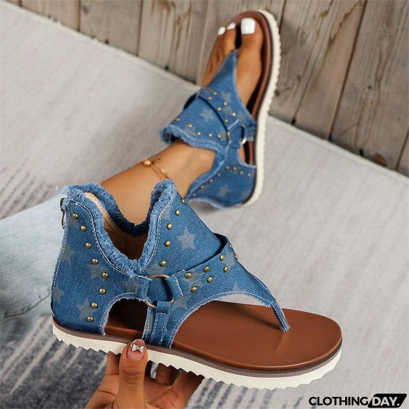 Trendy Metal Rivets Flat Zipper Roman Sandals for Lady
