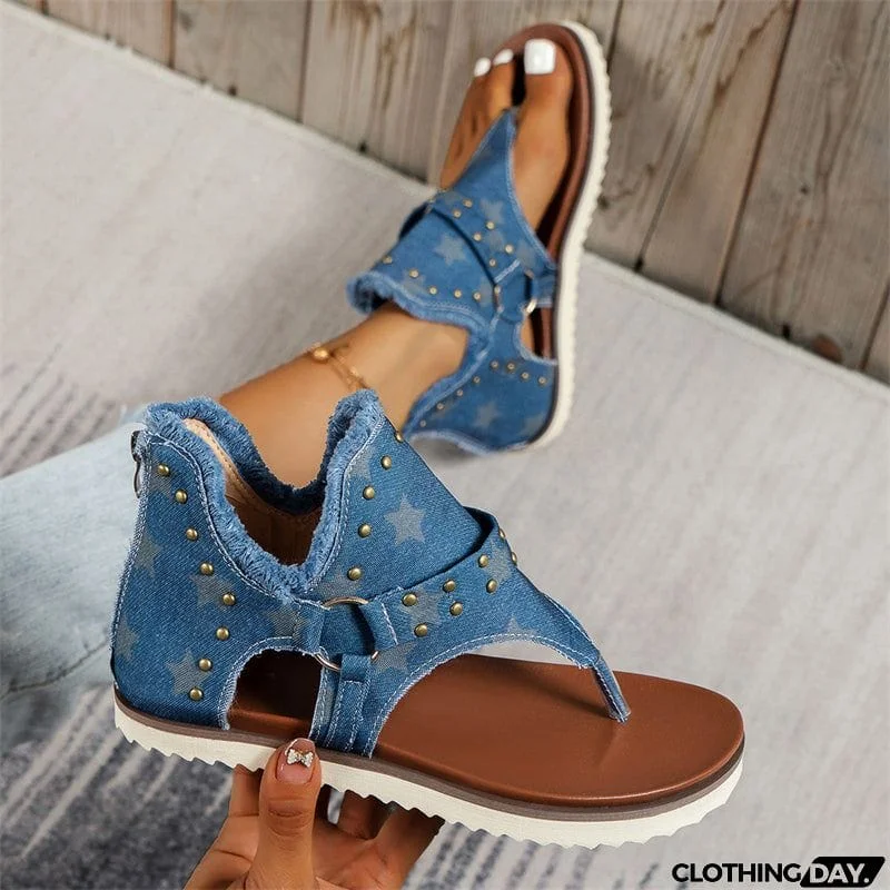 Trendy Metal Rivets Flat Zipper Roman Sandals for Lady