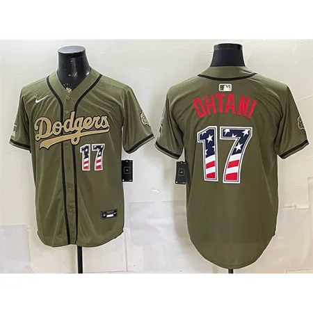 Men's Los Angeles Dodgers #17 Shohei Ohtani Olive 2026 Armed Forces Day 250 Fourth of July Stitched Baseball Jersey