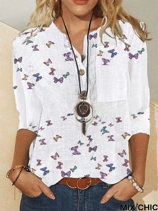 Printed Cotton-Blend Casual V Neck Tops