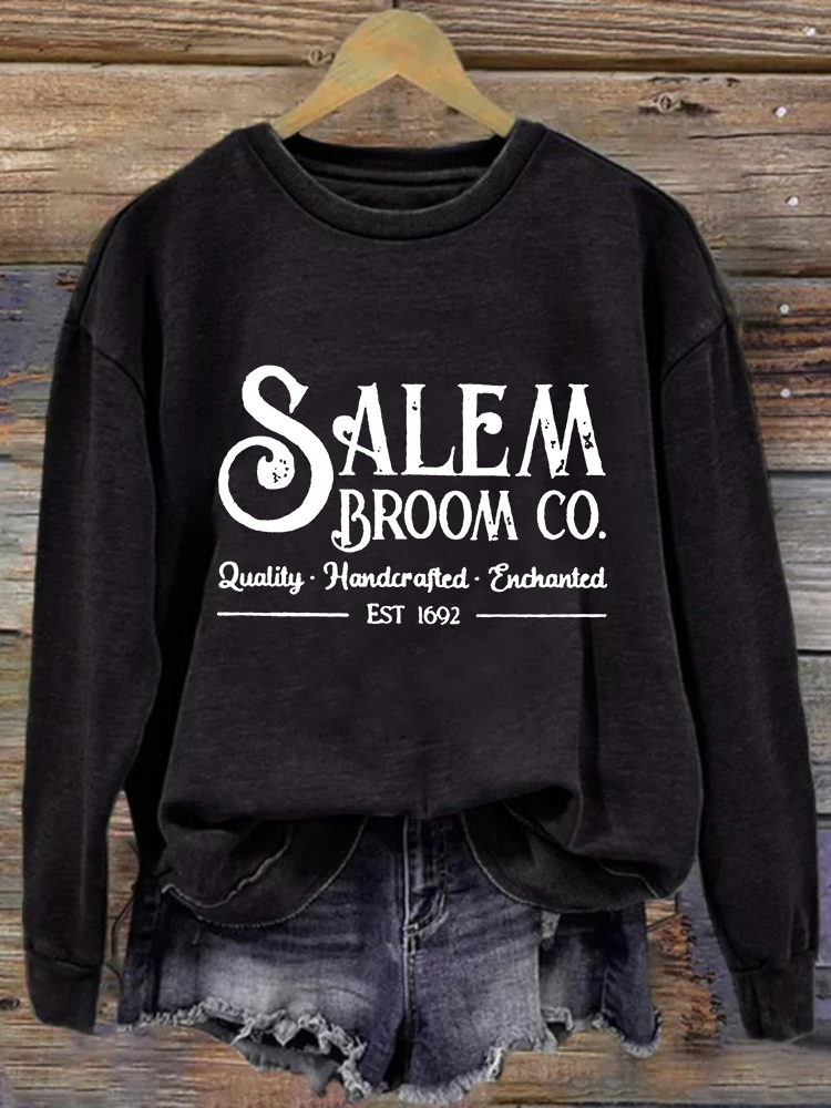 VChics Women's Salem Broom Co Quality Handcrafted Enchanted Est 1692 Printed Round Neck Long Sleeve Sweatshirt