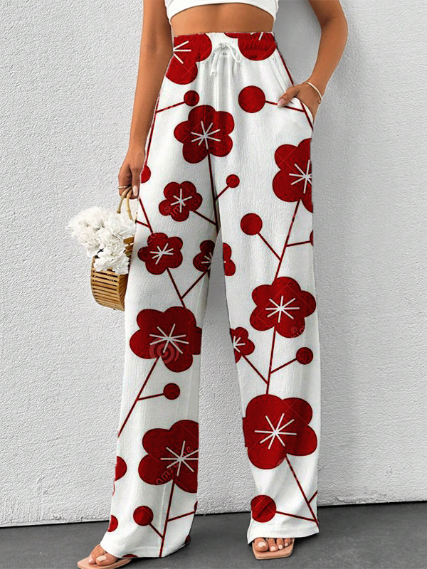 Women's Retro Japanese Plants And Flowers Print Casual Pants