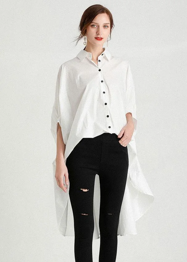 Style White PeterPan Collar Asymmetrical Design Summer Cotton Shirt Top Half Sleeve