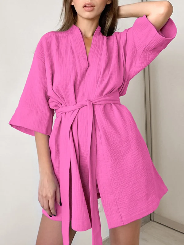 Roomy Three-Quarter Sleeves Ribbed Pure Color V-Neck Pajamas Robes