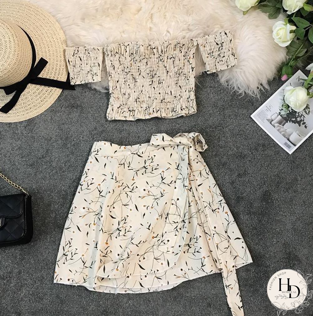 Two Piece Set Womens Sexy Summer Crop Top And Mini Skirt Off Shoulder Elastic Print Floral