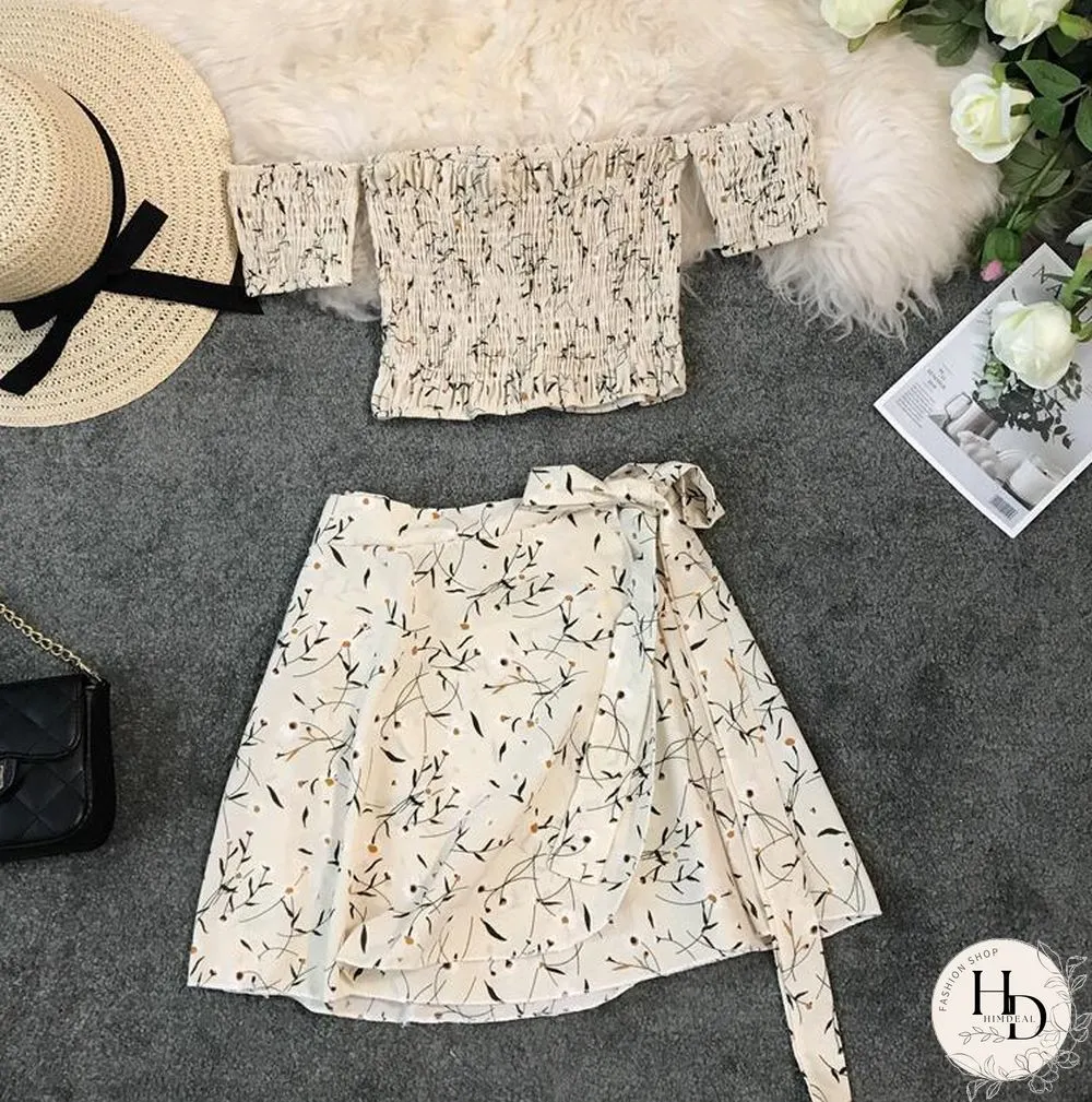 Two Piece Set Womens Sexy Summer Crop Top And Mini Skirt Off Shoulder Elastic Print Floral