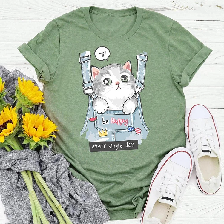 Be happy cat T-shirt Tee - 01593-Annaletters