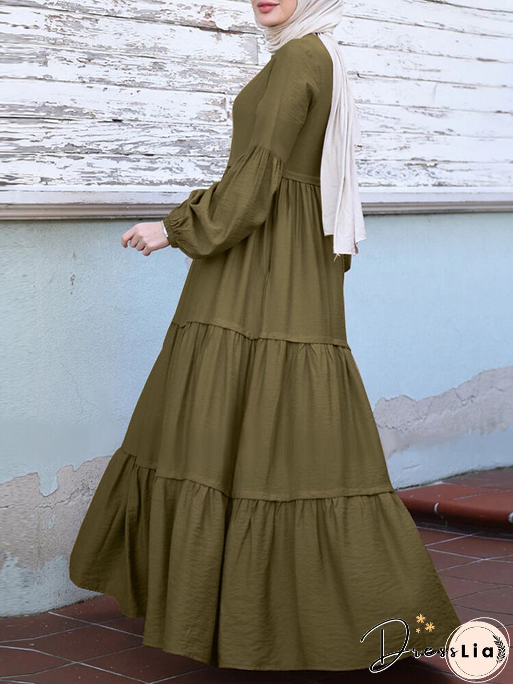 Muslim Solid Color Long Shirt Sundress Casual Pleated Maxi Dress