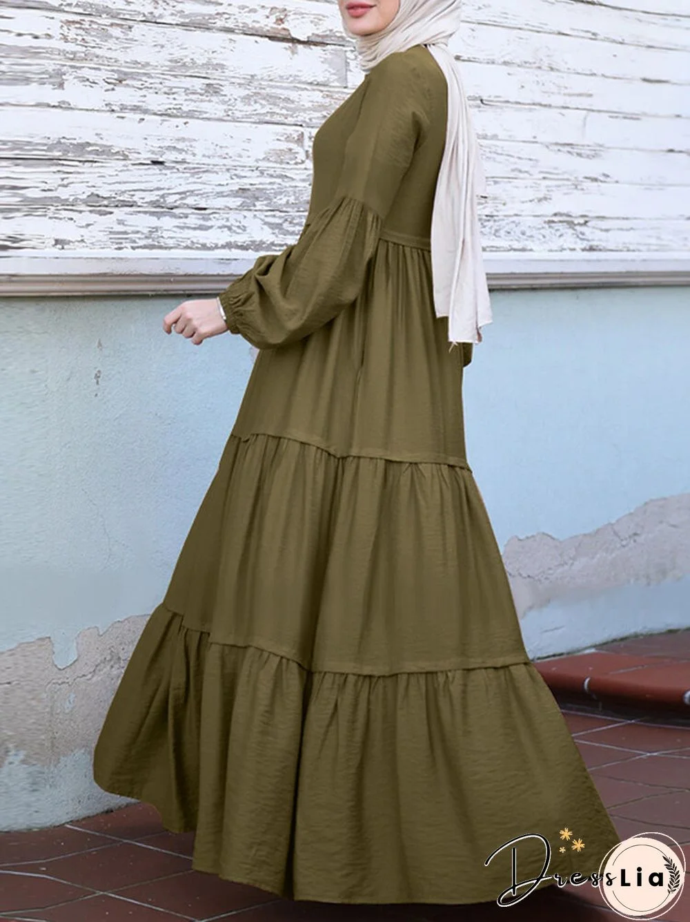 Muslim Solid Color Long Shirt Sundress Casual Pleated Maxi Dress