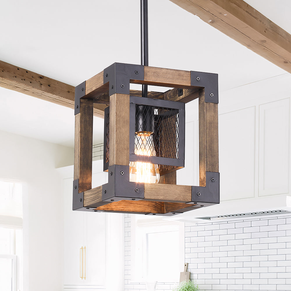 1-Light Square Wood Pendant Light
