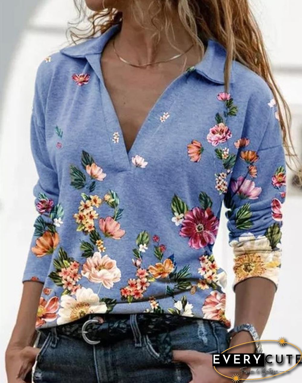 Spring and Autumn Casual Floral Printed Tops Women Fashion Stand Collar Long Sleeve Shirt Pullover Slim Fit Blouses
