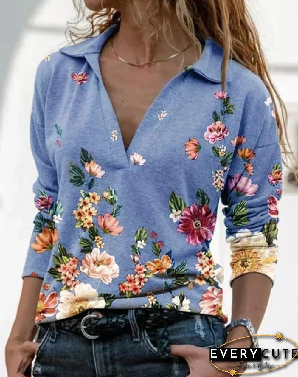 Spring and Autumn Casual Floral Printed Tops Women Fashion Stand Collar Long Sleeve Shirt Pullover Slim Fit Blouses