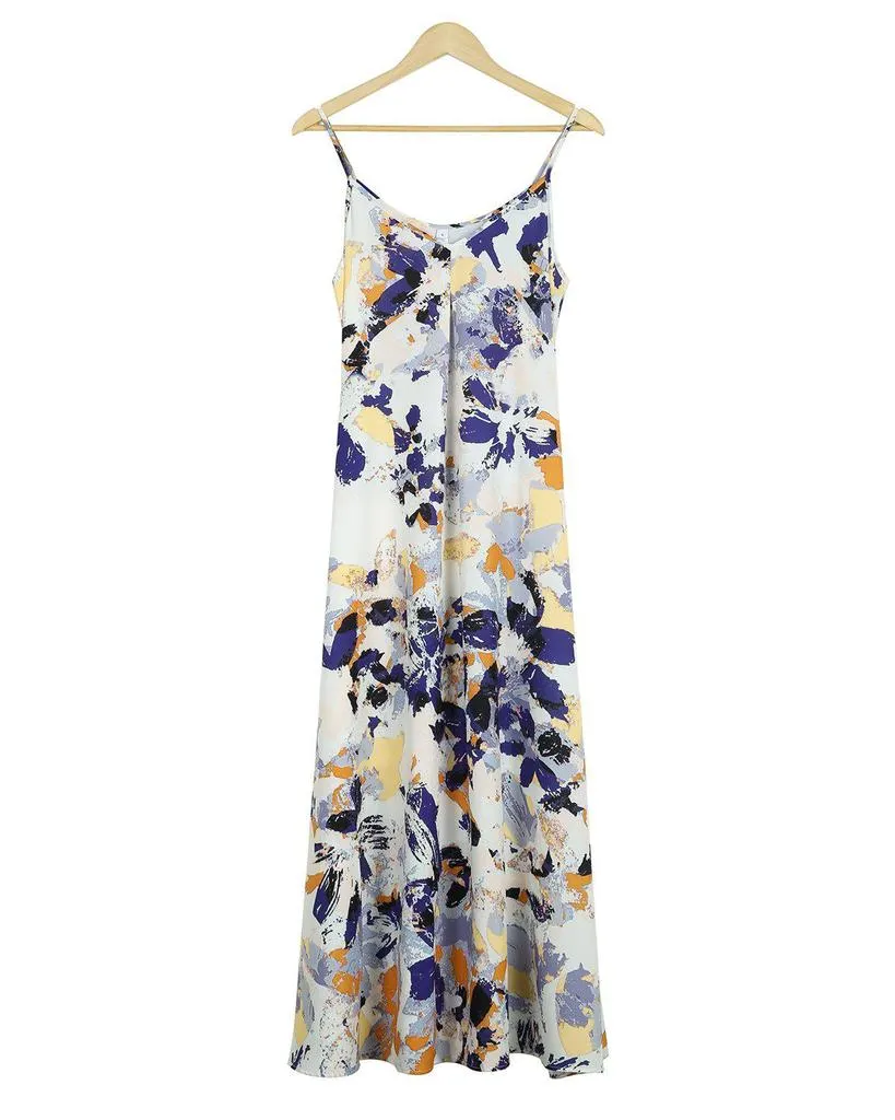 Elegant Spaghetti Straps V-Neck Printed Maxi Dress-vocosishoes