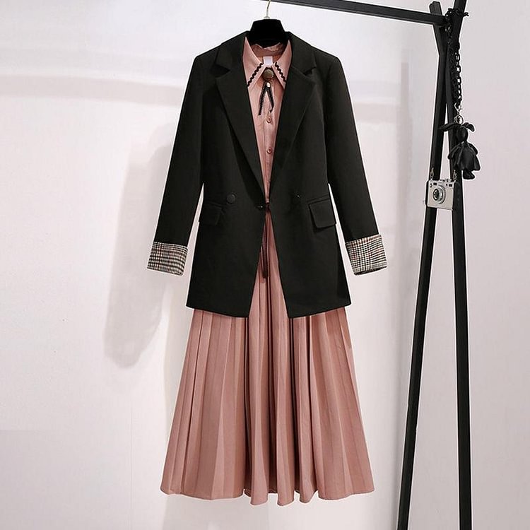 Casual Lapel Blazer Pleated Dress Set  - Modakawa Modakawa