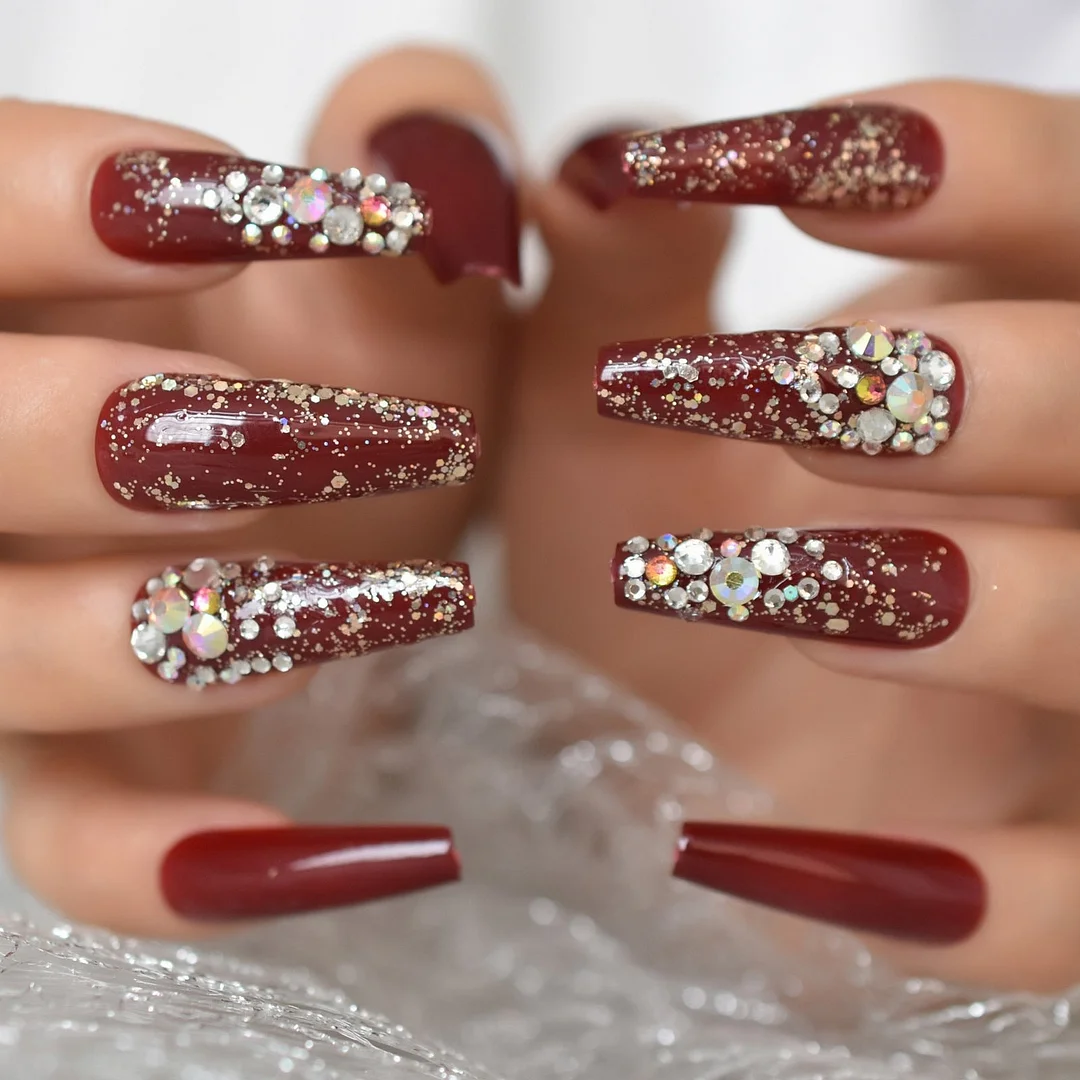 Extra Long Red Wine Coffin Fake Nails Acrylic False Luxury Press On Nails With Rhinestone Heart Bling Artificial Nail Art Tips-Nail Inspo