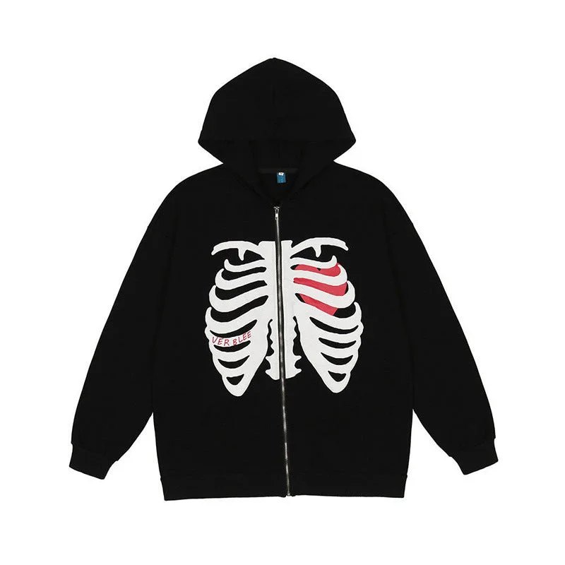 Y2K Style Hoodie Hooded Cardigan Loose Skull Print Zip Long Sleeve Outwear