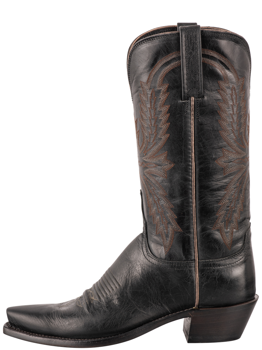 Black Vegan Leather Snip Toe Embroidered Cowgirl Boots With Chunky Heel