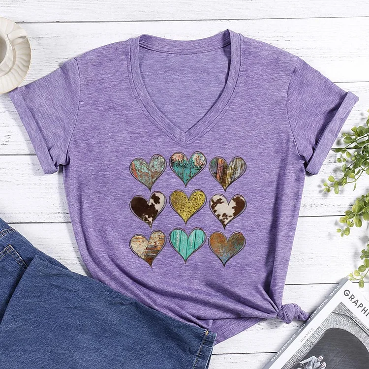 Hearts With Cow Hide Valentine‘s Day V-neck T Shirt-Annaletters