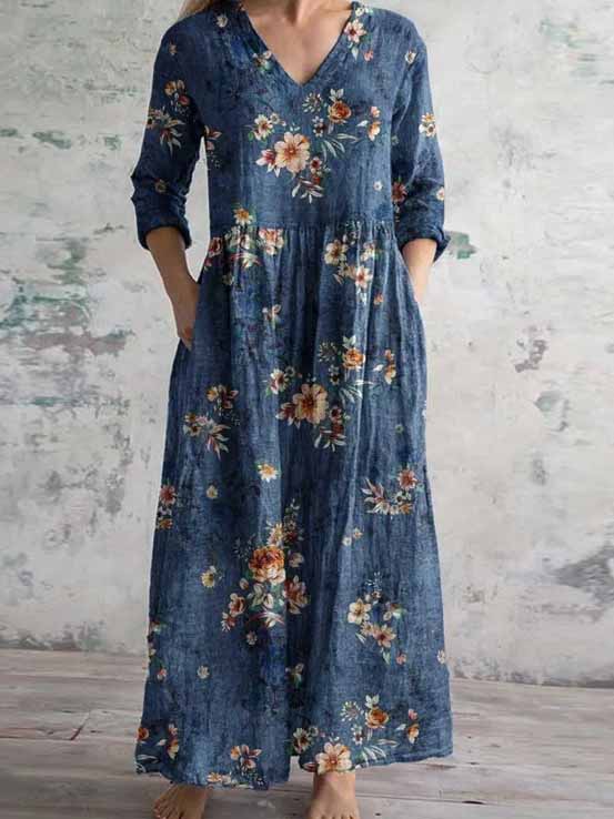 Women Long Sleeve V-neck Graphic Floral Printed Top