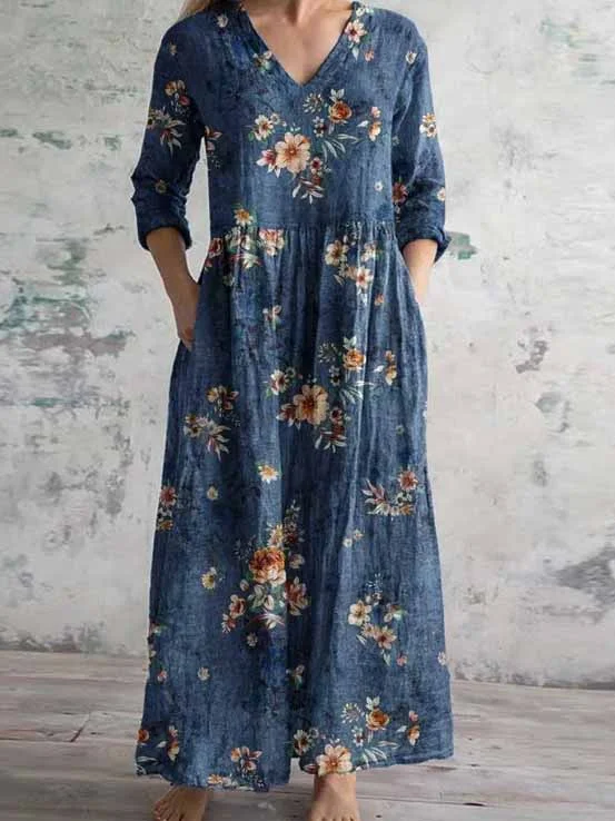 Women's 3/4 Sleeve V-neck Floral Printed Midi Dress
