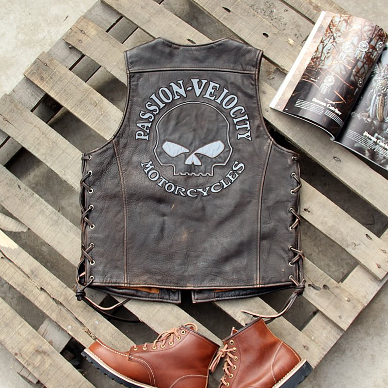 Vintage Distressed Reflective Skull Motorcycle Leather Vest
