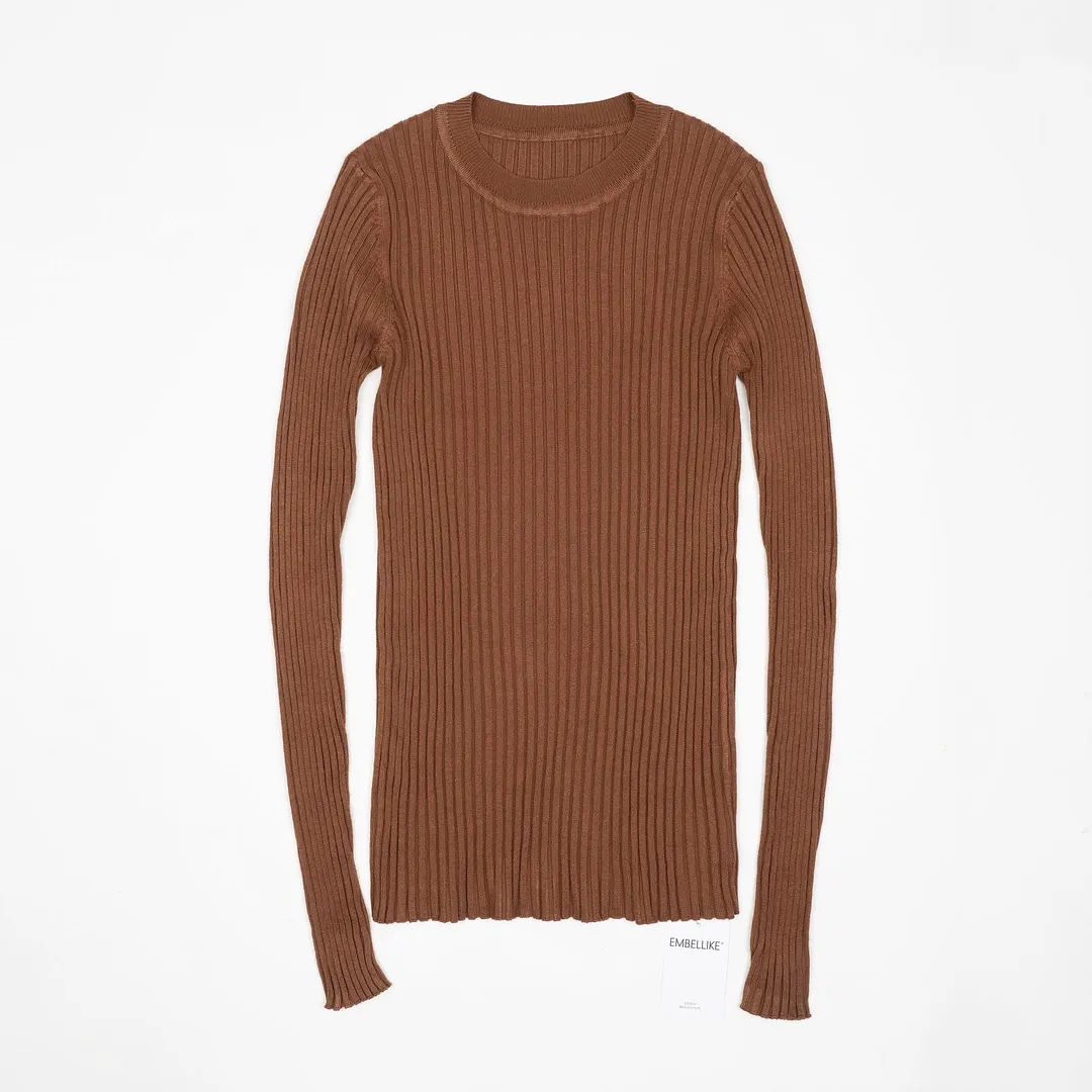 Women Sweater Pullover Basic Ribbed Sweaters Cotton Tops Knitted Solid Crew Neck With Thumb Hole