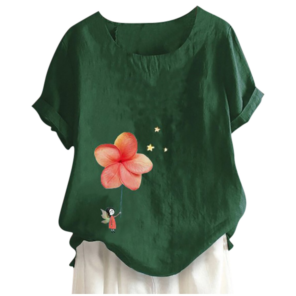 Women Casual Floral Print Patched Short Sleeve O-Neck T-shirt Top Blouse