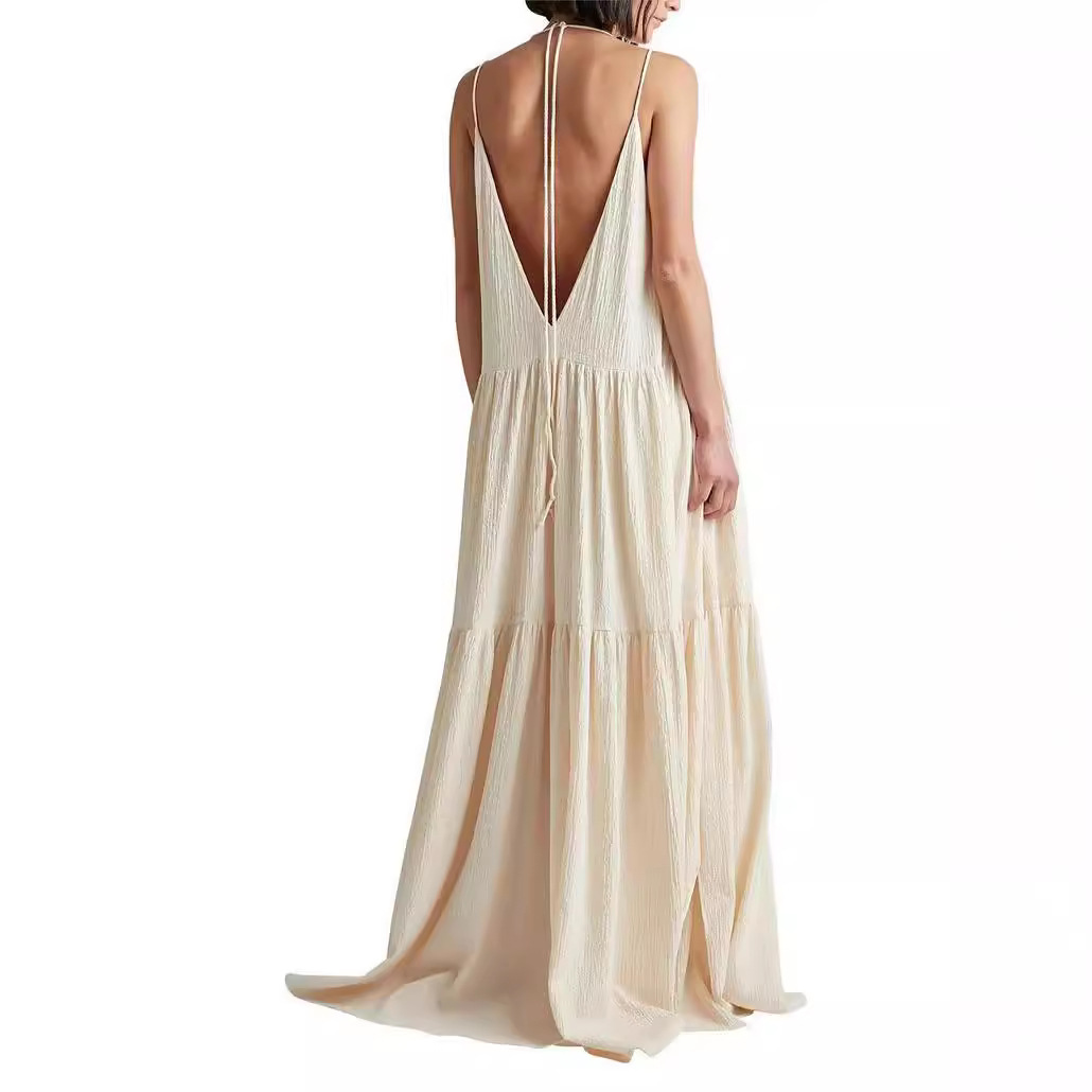 Beach Vacation Loose Solid Color Pleated Irregular Dress