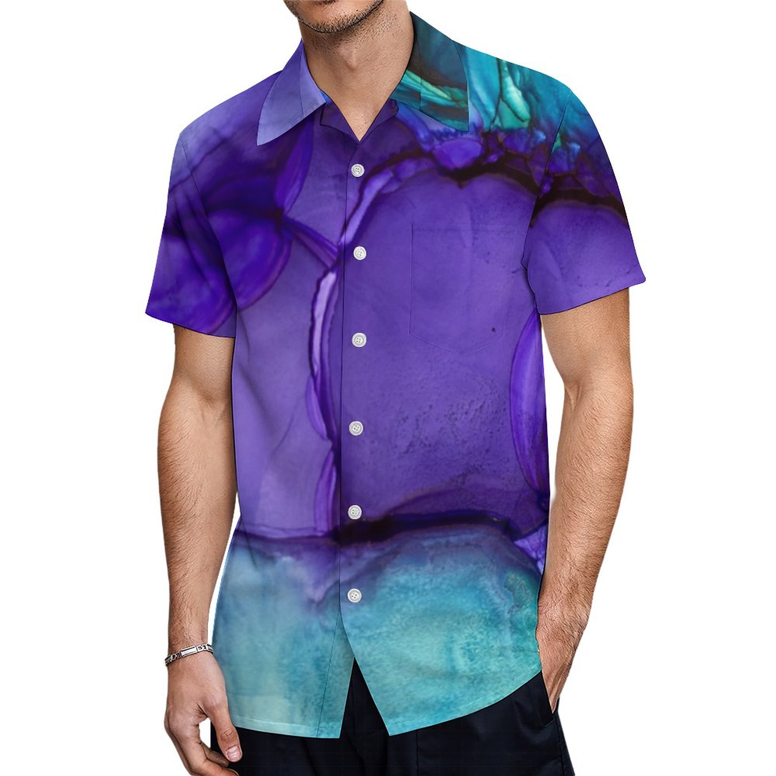 Abstract Alcohol Ink Art Rich Teal Purple Hawaiian Shirt Mens Button Down Tropical Hawaii Beach Shirts