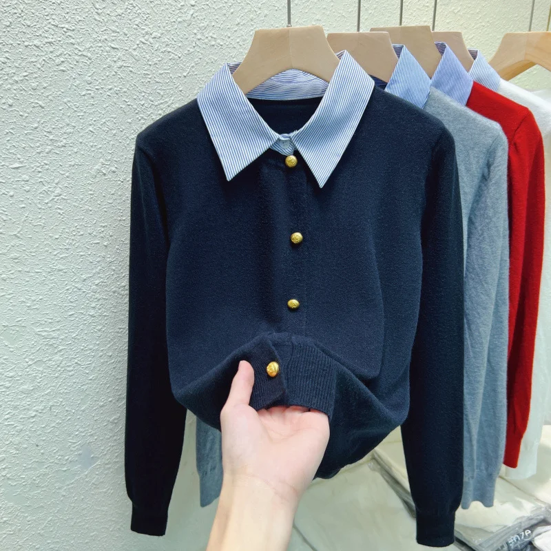 Woherb Gray False Two Knit Cardigan Outside Build Female Autumn New Style Design Feeling Bump Color Sweater Coat Loose Jacket Tide-Outfit Ideas