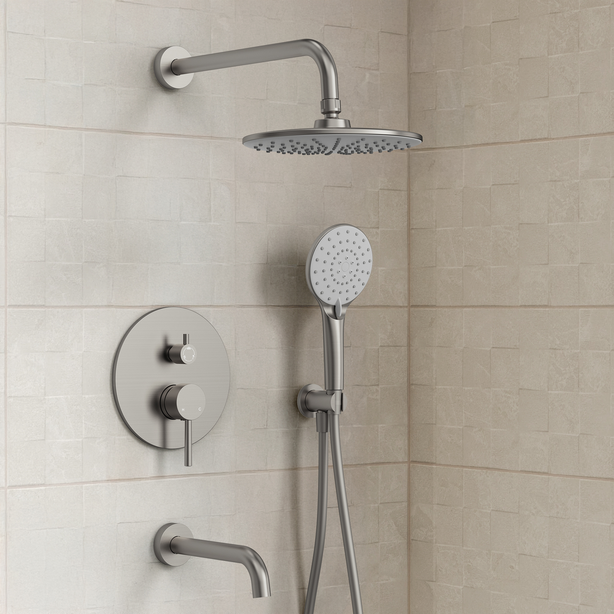 3-Spray Single-Handle Round Rain Dual Fixed Shower Head with Handheld Shower Head in Brushed Nickel