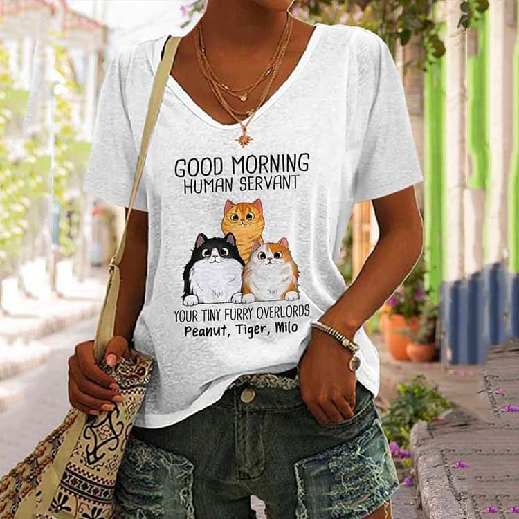 Comstylish Good Morning Cat Human Servant Print Short Sleeve T-Shirt