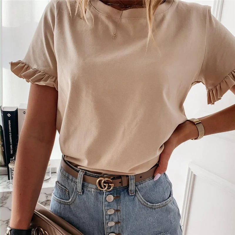 Summer Top Office Lady Tee Shirt Femme Short Sleeve Casual Plain Women OL T Shirt Ruffles Loose Ladies tshirt Dames Streetwear