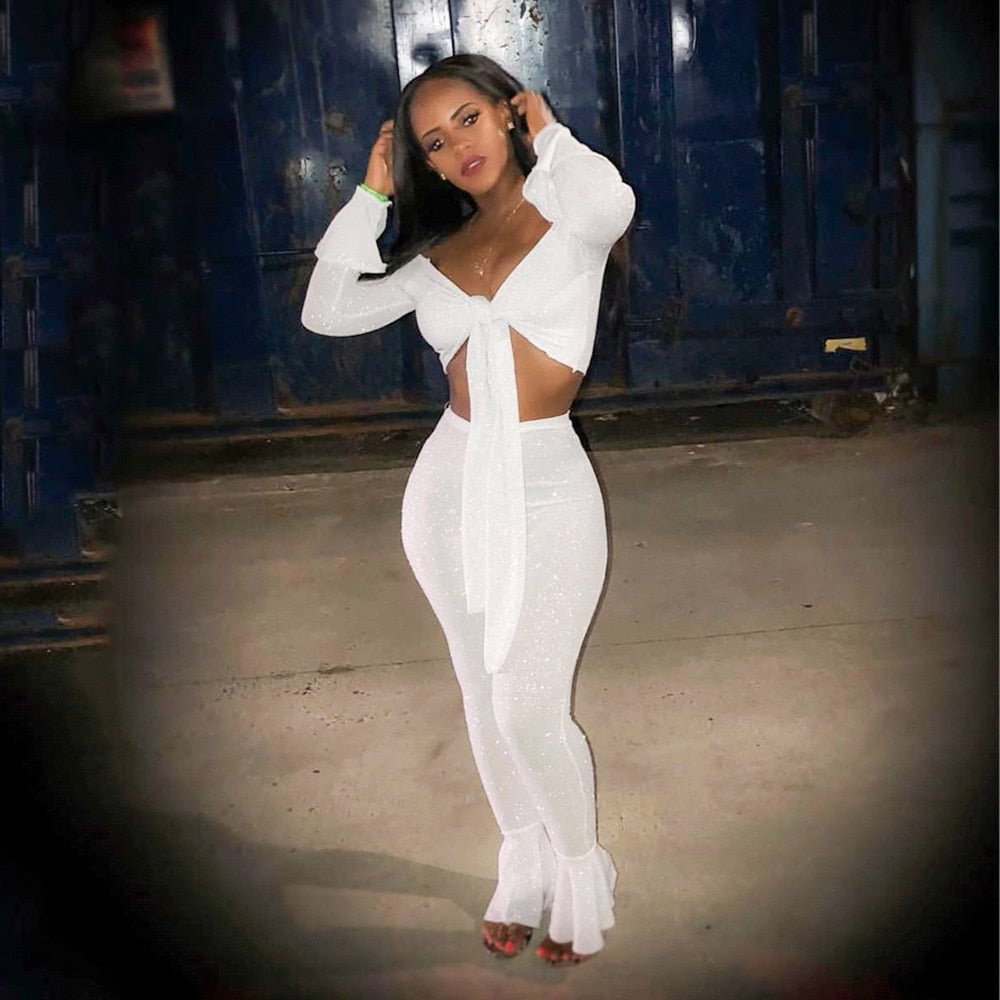 2021 Hot Fashion Top Design Sexy Style 2 piece Women Set Solid Slash Neck Full Long Pant