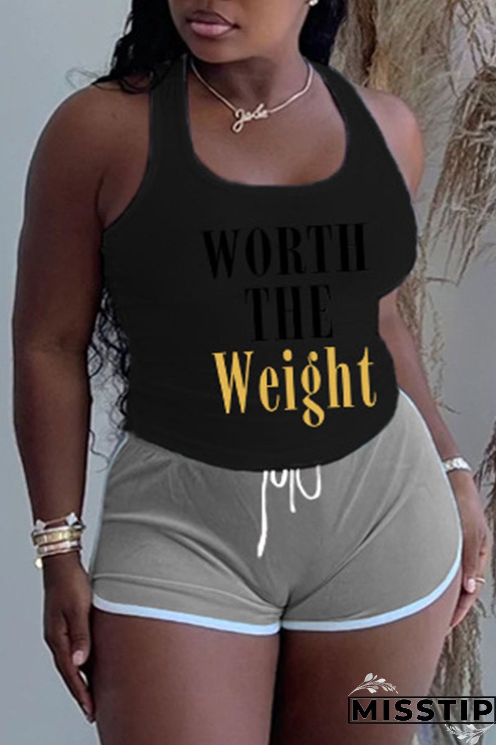 Grey Plus Size Casual Letter Print Patchwork U Neck Plus Size Two Pieces