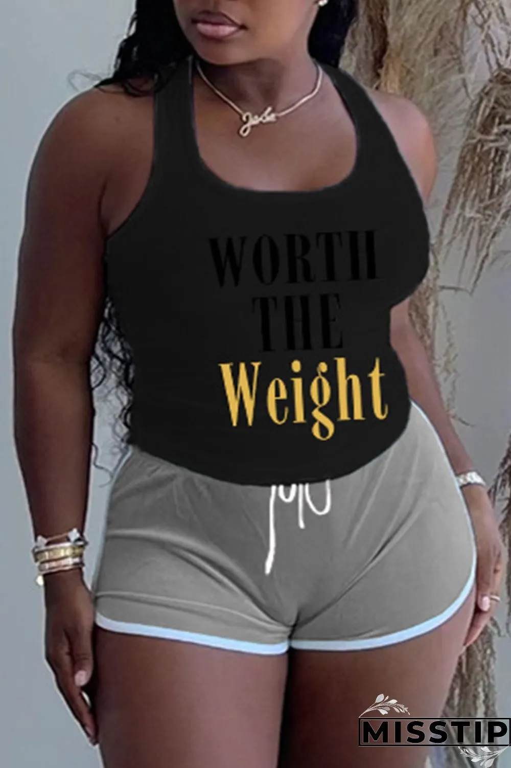 Grey Plus Size Casual Letter Print Patchwork U Neck Plus Size Two Pieces